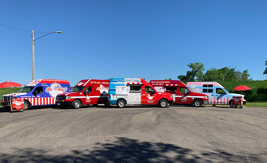 Mik Mart Ice Cream trucks lined up to represent the ice cream truck catering services in Woodbury, MN and surrounding areas